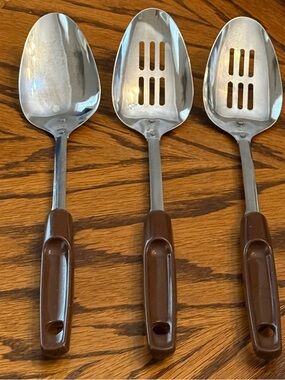 Brown-Handled Stainless Steel Serving Spoons and Slotted Spoons - Set of 3